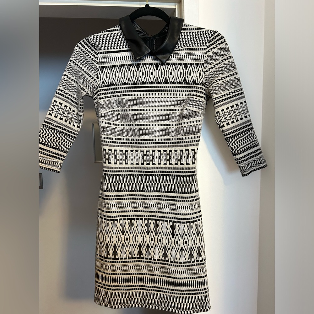Black and White Geometric Pattern Dress with vegan leather collar